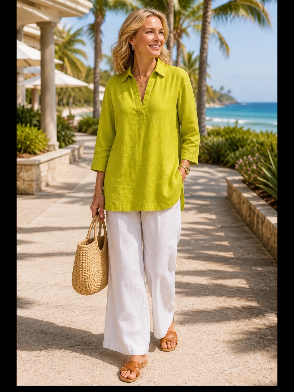 Tahari 100% Linen Lime Green Tunic Blouse 1X Mother-of-Pearl Side Slit Buttons - Picture 12 of 16